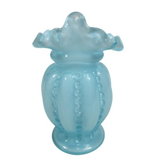 Vtg Fenton Beaded Blue Glass Ruffled Overlay Tulip Jack in the Pulpit Melon Vase - Picture 4 of 10